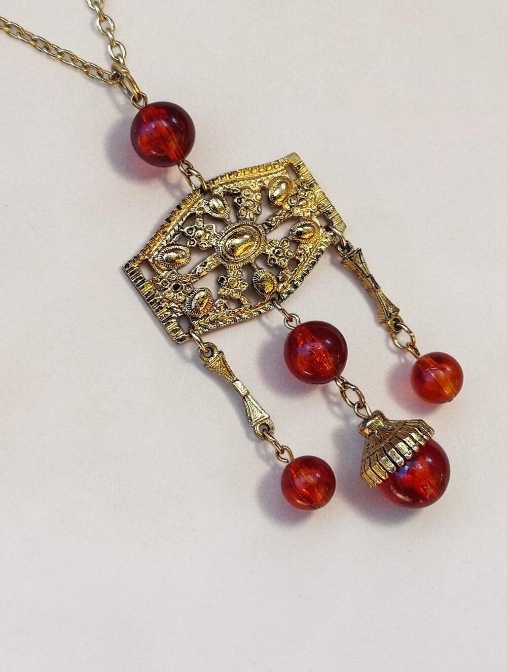 Vintage Antique Style Amber Lucite Etruscan Pendant Necklace